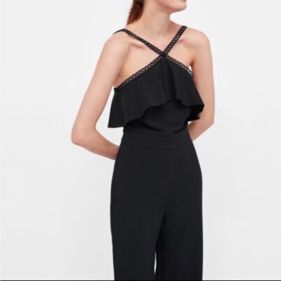 Zara Black Lace Trim Wide Leg Crop Jumpsuit - Picture 2 of 16